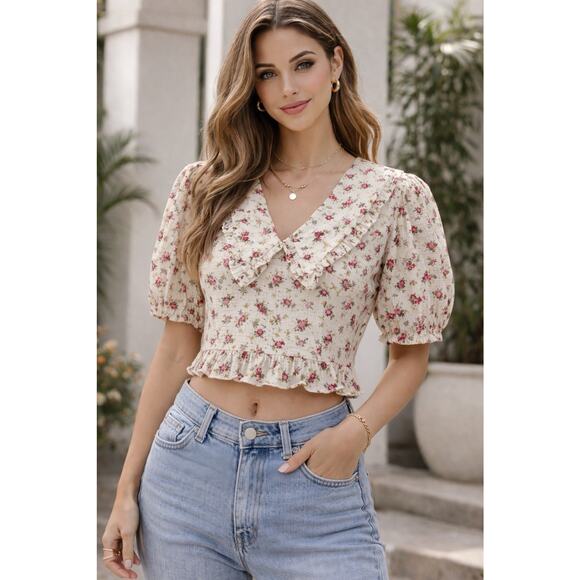 Sienna Sky Tops - NWT Sienna Sky Floral Puff Sleeve Cropped Peplum Top Cottagecore Coquette Size L